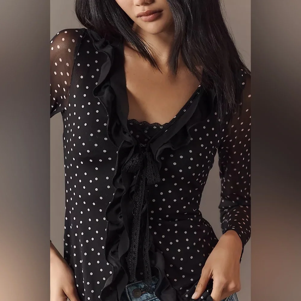 Anthropologie Maeve Lace-Trim Sheer Cardigan Top Polka Dot Black White Medium - Picture 1 of 5
